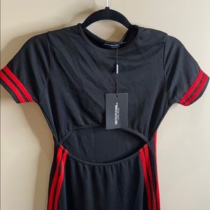 Black cut out under bust sports stripe dress
